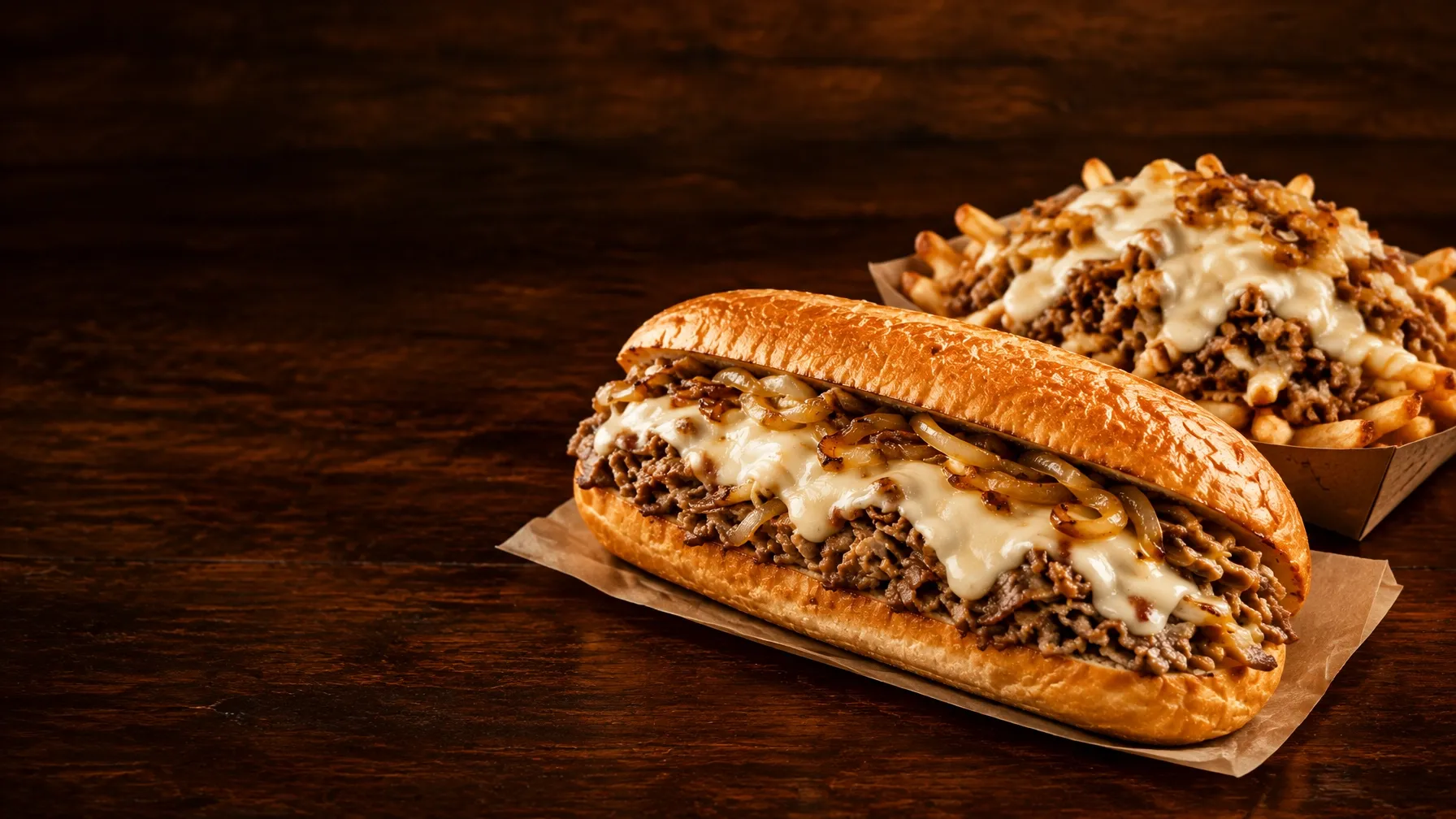 A traditional cheesesteak and loaded tater tots topped with creamy white cheese fondue