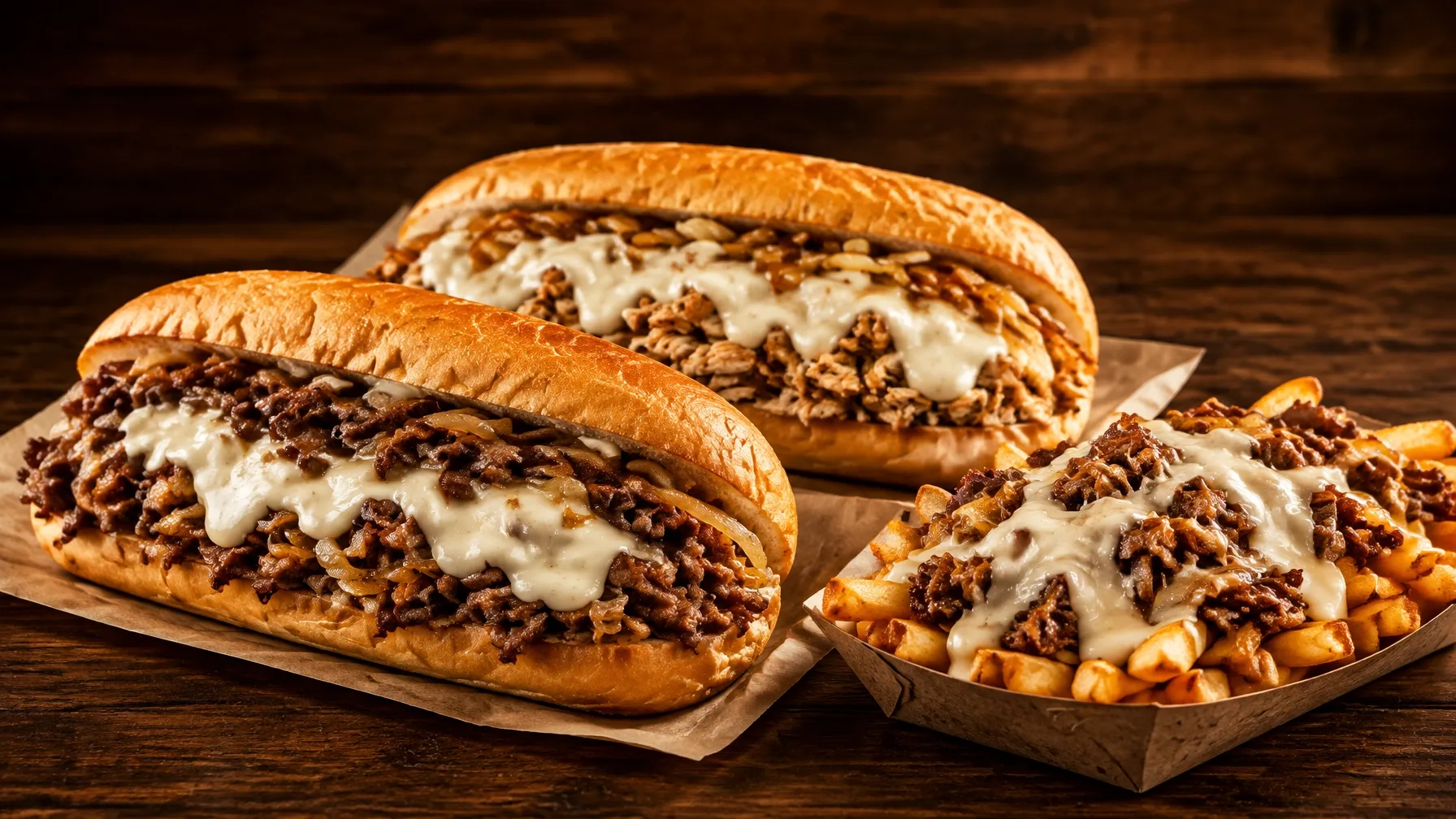 Cheesesteak, slow-roasted chicken Philly and loaded fries with steak, caramelized onions and creamy white cheese fondue