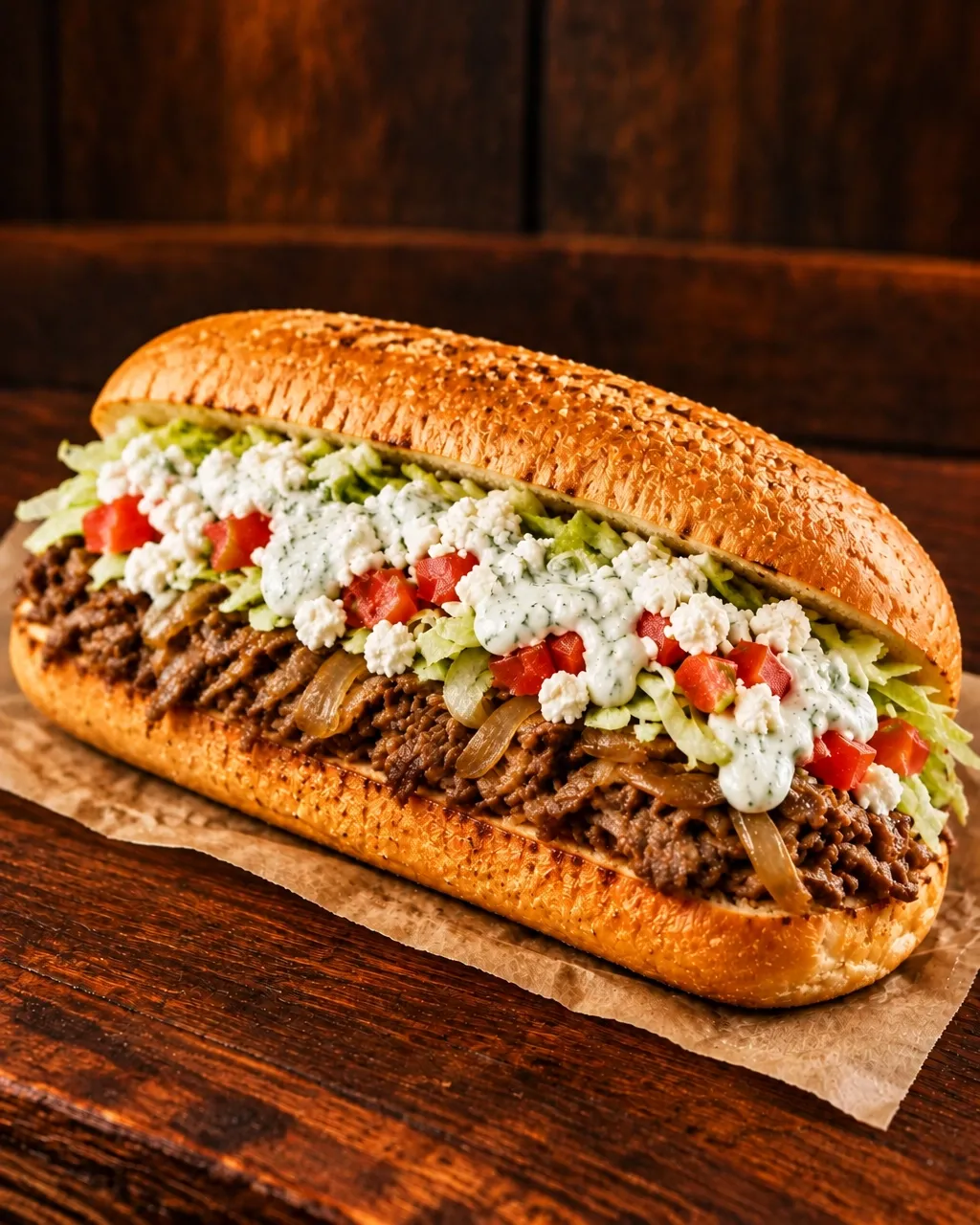 Greek-style steak Philly with fine shaved steak, caramelized onions, lettuce, tomatoes, feta and tzatziki