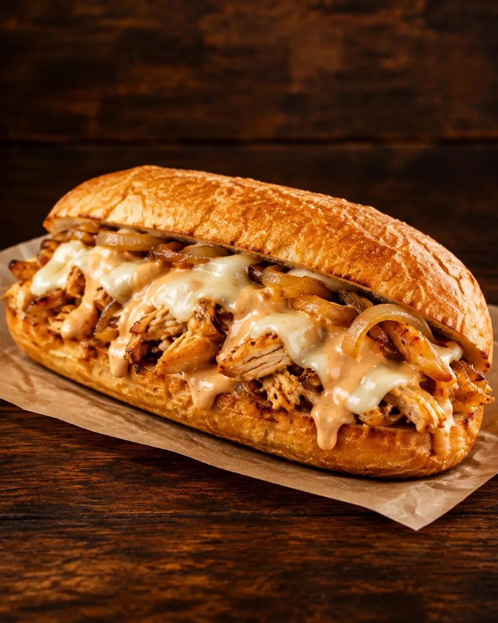 Slow-roasted chicken Philly sandwich with caramelized onions, Boom Boom sauce and white cheese