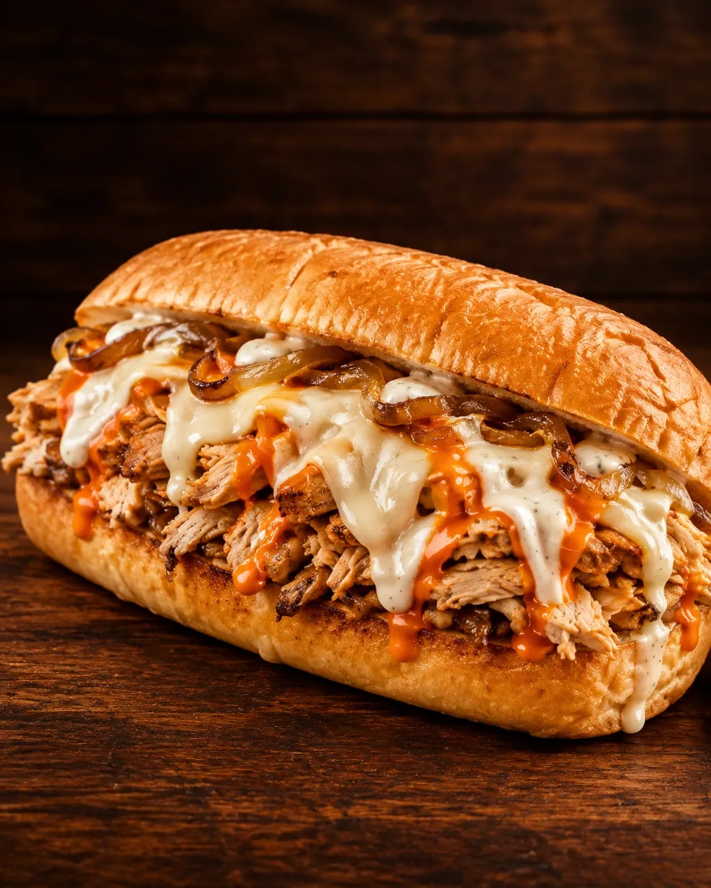 Slow-roasted chicken Philly with onions, buffalo sauce, ranch and white cheese