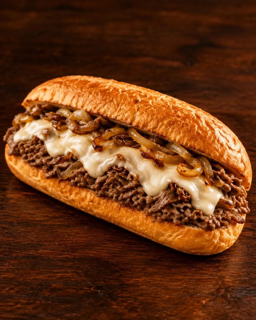 Philly cheesesteak with fine shaved steak, caramelized onions and white cheese