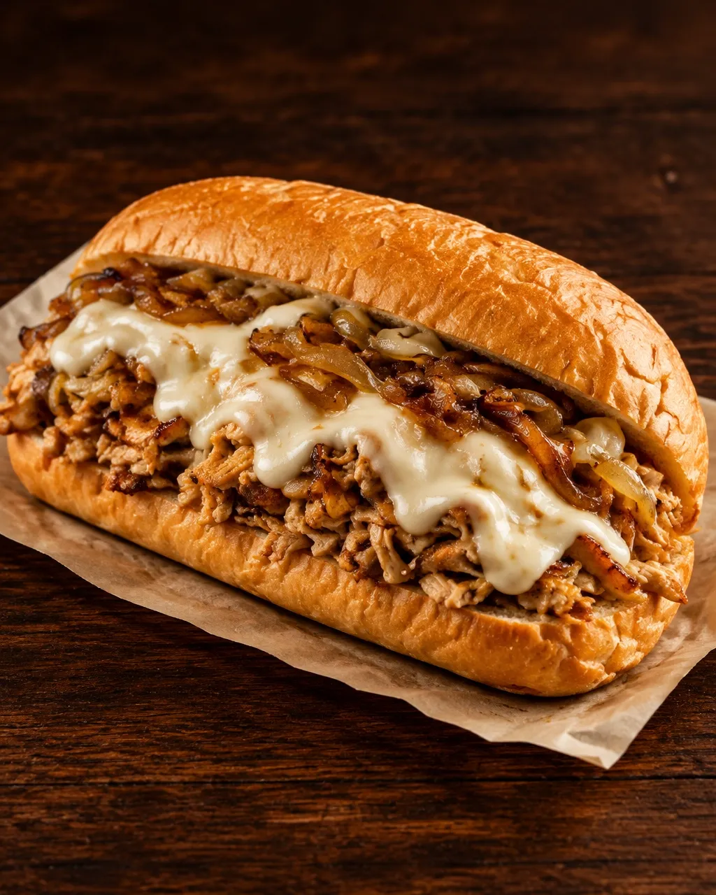 Slow-roasted chicken Philly with caramelized onions and creamy white cheese