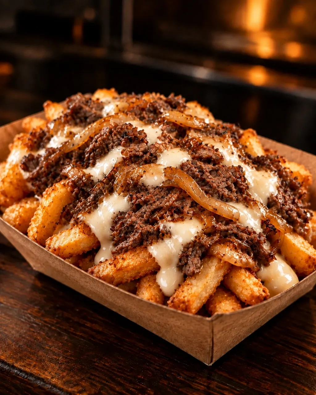 Loaded fries topped with steak, caramelized onions and creamy white cheese fondue