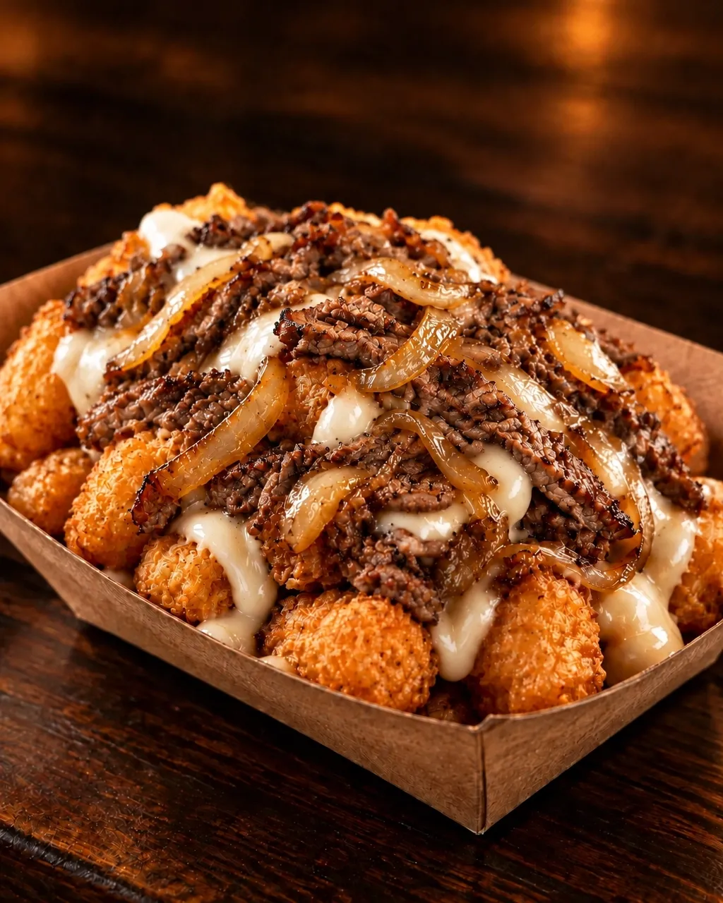 Golden tater tots topped with creamy white cheese fondue